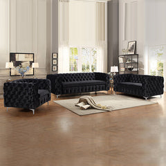 ICE Group 3+2+1 Seater Sofa Classic Button Tufted Lounge in Black Velvet Fabric with Metal Legs