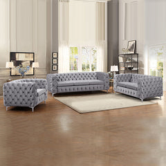 ICE Group 3+2+1 Seater Sofa Classic Button Tufted Lounge in Grey Velvet Fabric with Metal Legs